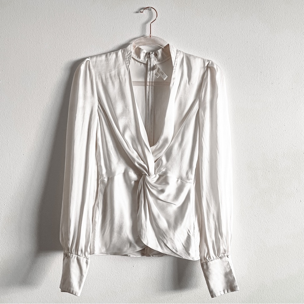 Jonathan Simkhai white 100% silk draped plunge neckline twisted detail blouse